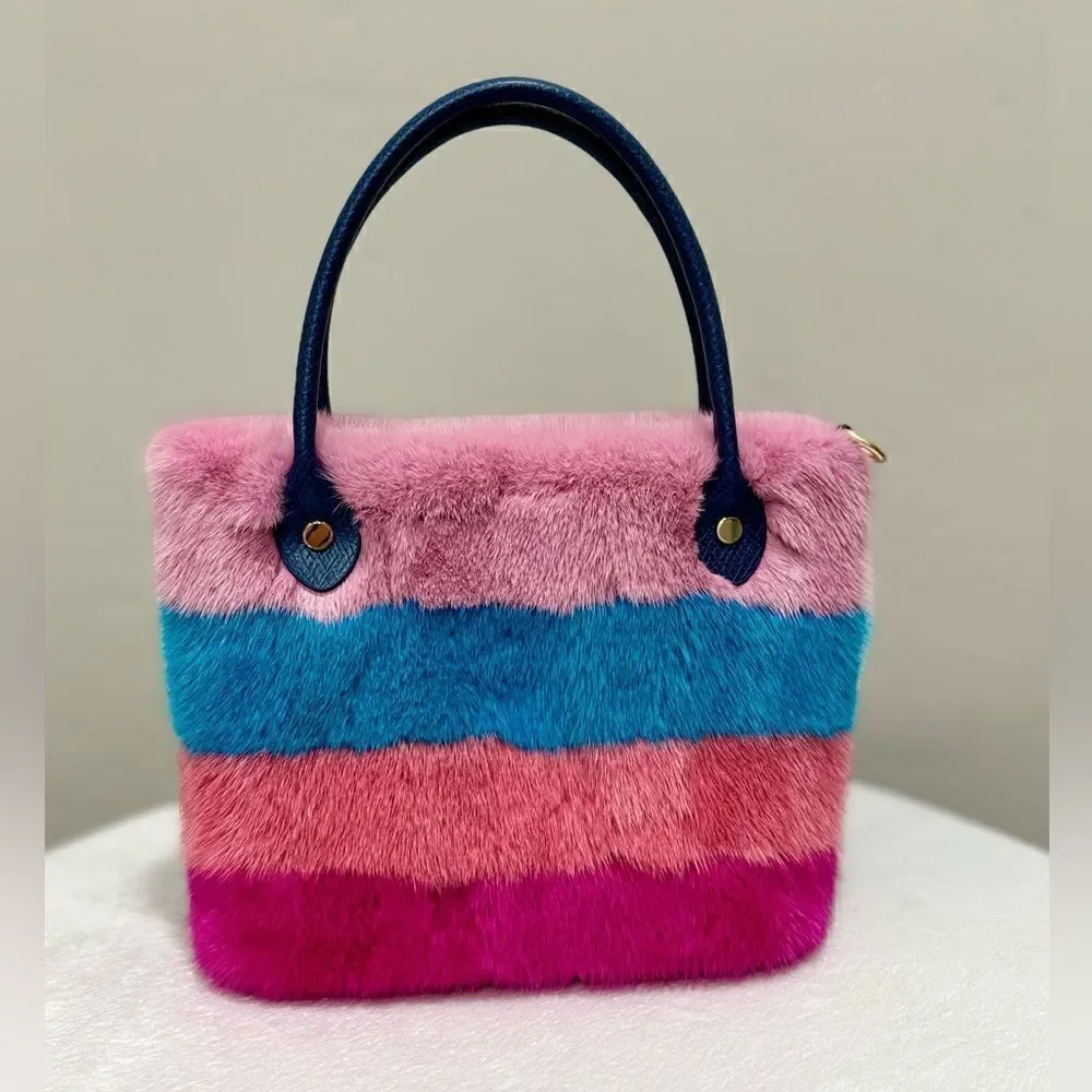 Colorful Striped Handmade Real Mink Fur Mini Tote/Crossbody & Pony Bag Charm